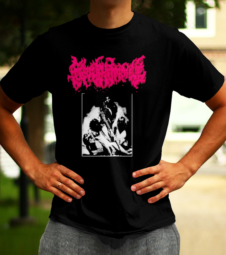 Gorehammer Graphic In Pink Gothic Font With Monochrome Horror Scene T-Shirt