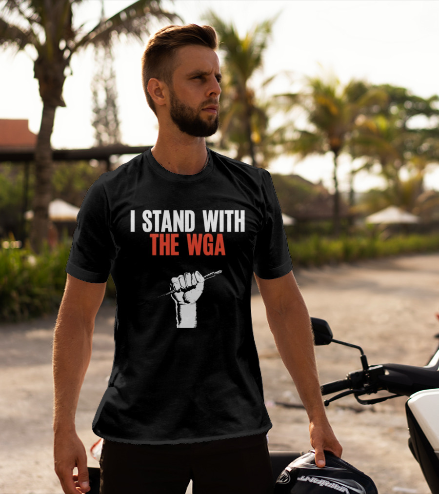 I Stand With WGA Logo Graphic Wrath Fist Artwork Tshirt Battle Writer Usa Harvard Union Caru T-Shirt