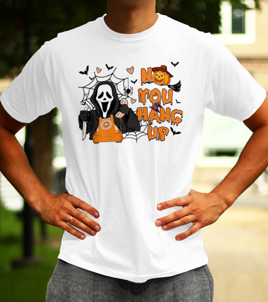No You Hang Up Ghost With Pumpkin Phone Halloween Bats And Cobwebs T-Shirt