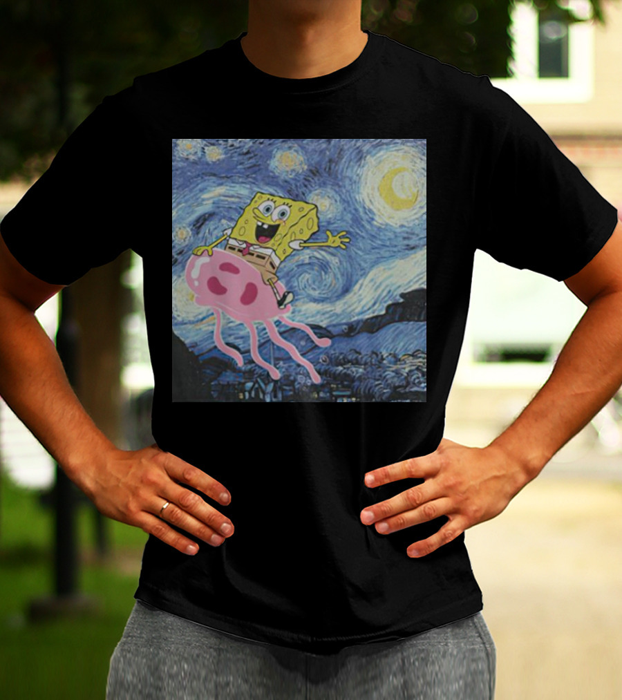 SpongeBob SquarePants Jellyfishing Van Gogh Starry Night Crossover T-Shirt
