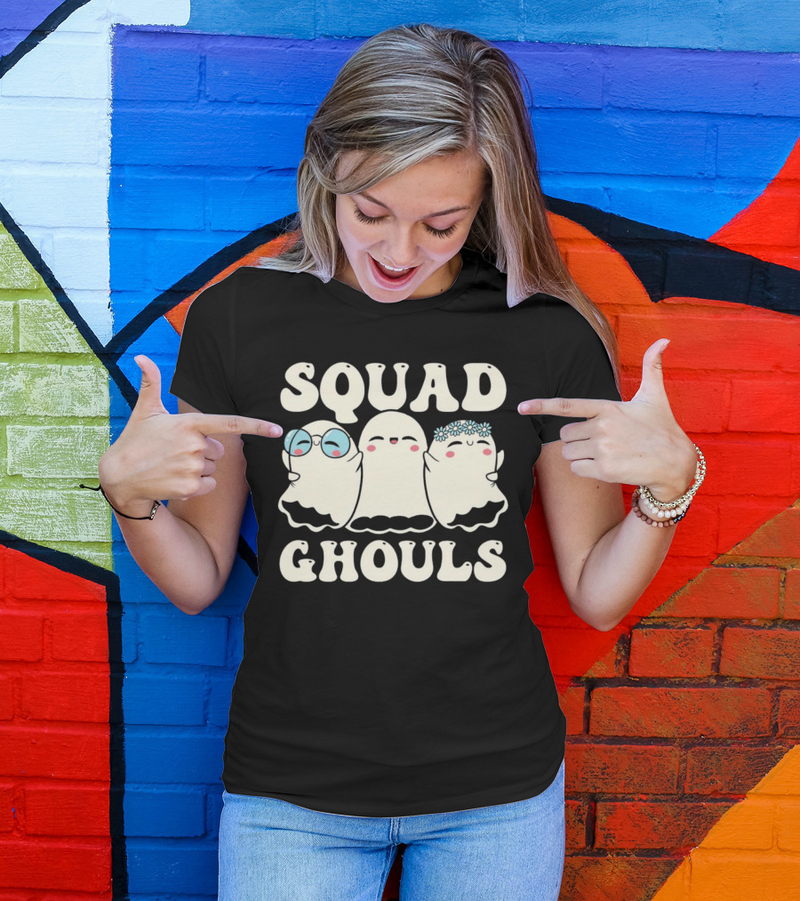 Squad Ghouls Halloween Cute Ghosts With Glasses And Flowers T-Shirt