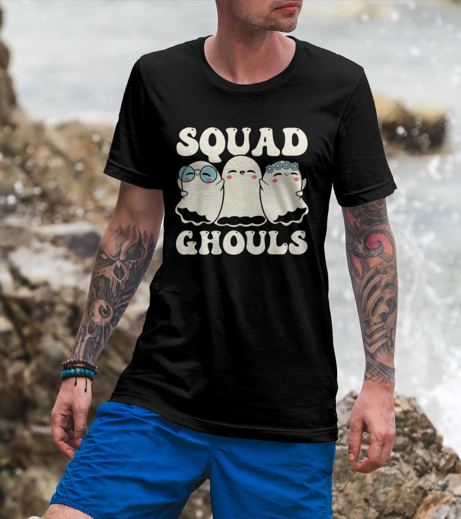 Squad Ghouls Halloween Cute Ghosts With Glasses And Flowers T-Shirt