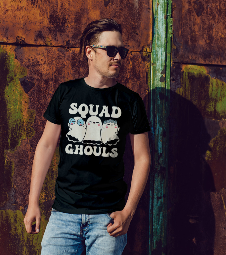 Squad Ghouls Halloween Cute Ghosts With Glasses And Flowers T-Shirt