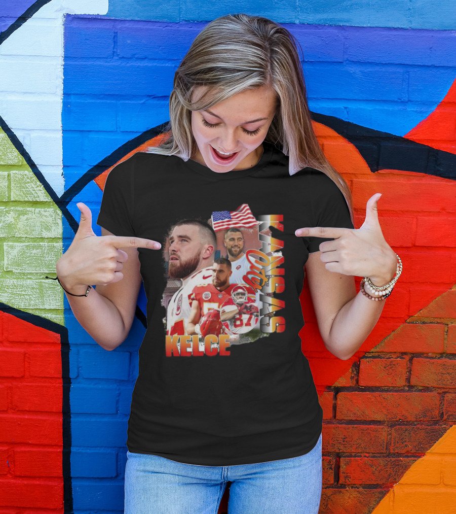 Kelce Kansas City Chiefs Collage With American Flag T-Shirt