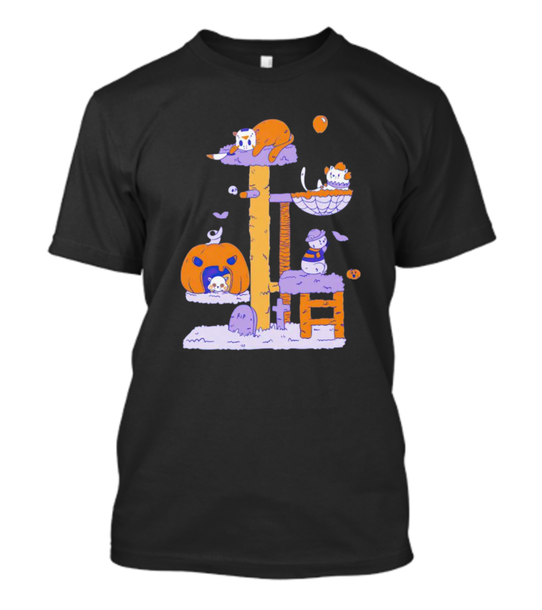 Cats In Halloween Horror Cosplay Playground With Pumpkins And Ghosts T-Shirt