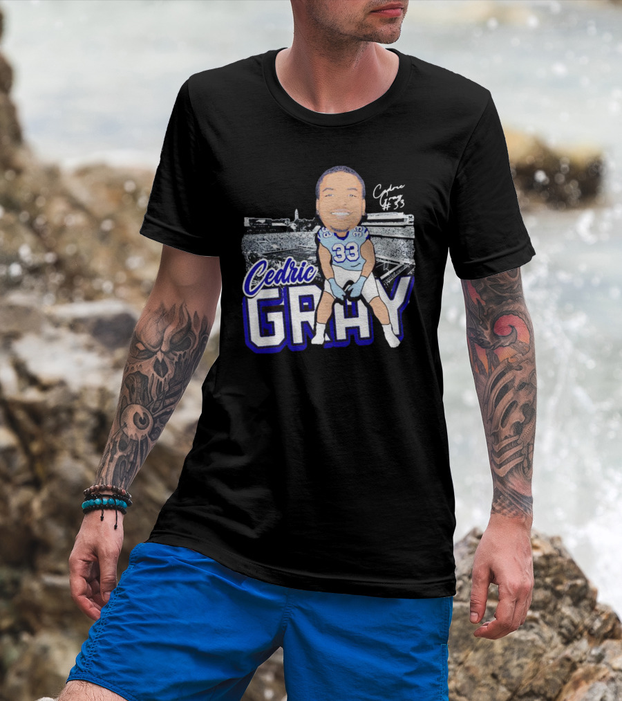 Cedric Gray #33 Caricature Football Stadium Signature T-Shirt