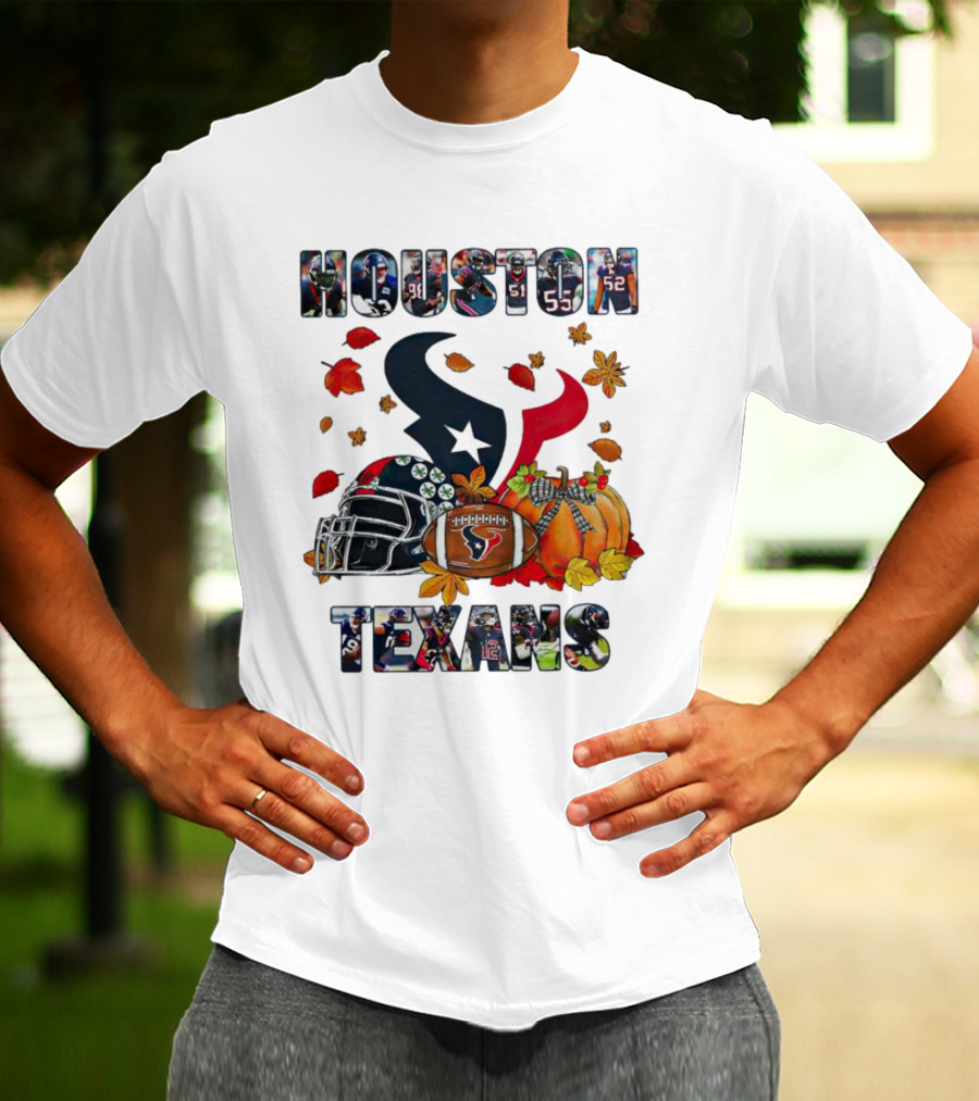 Houston Texans Football Helmet Pumpkin Autumn Leaves T-Shirt