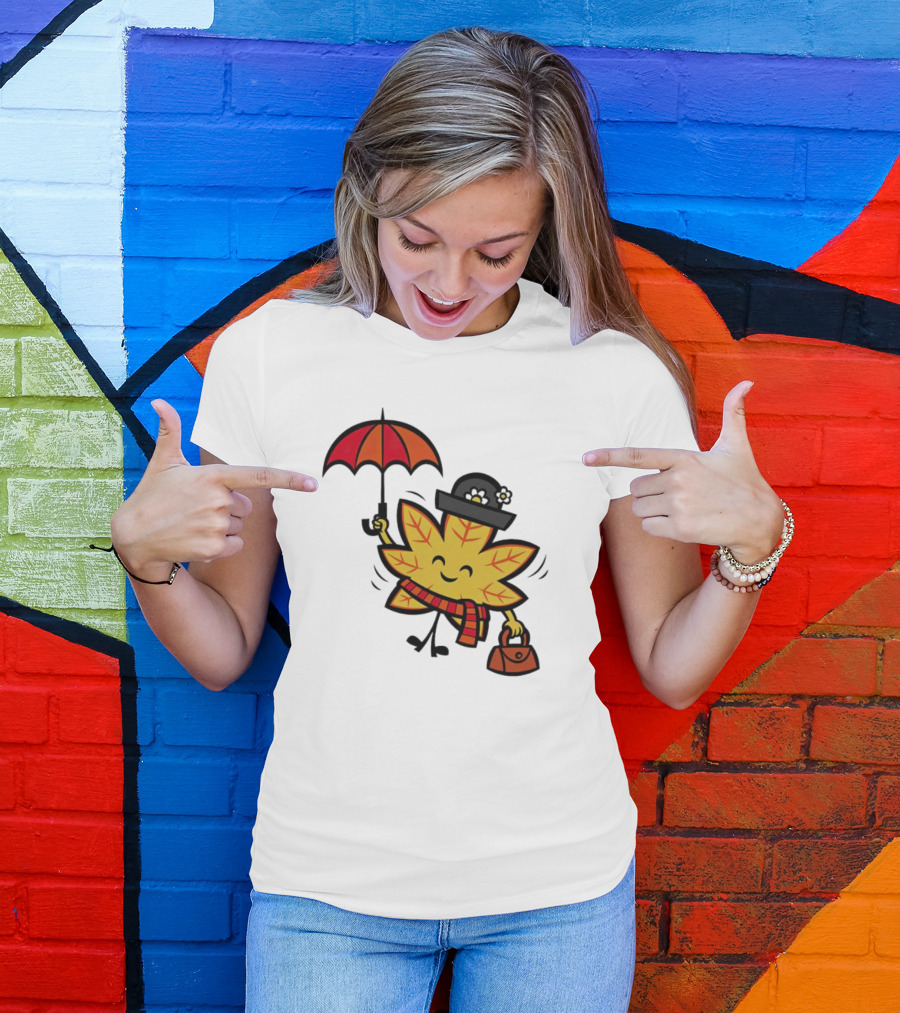 Mary Autumn Leaf With Umbrella And Bag T-Shirt