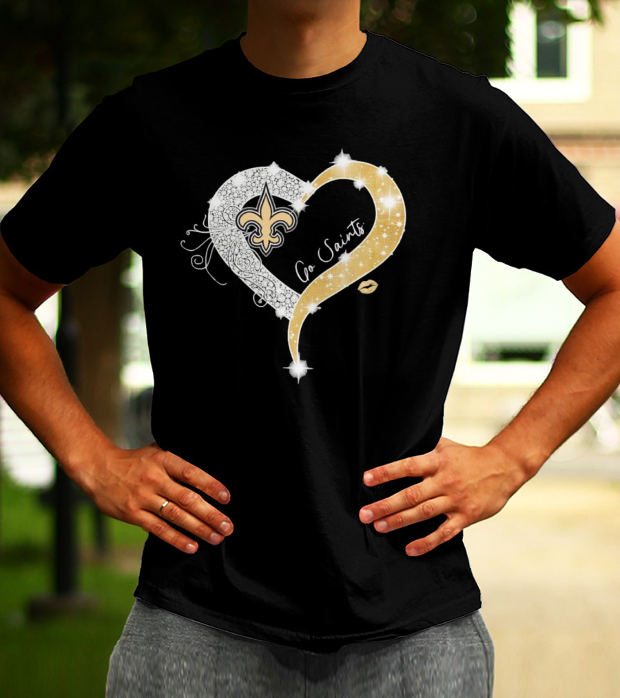 New Orleans Saints Go Saints Fleur-de-Lis Diamond Heart With Gold Sparkle T-Shirt
