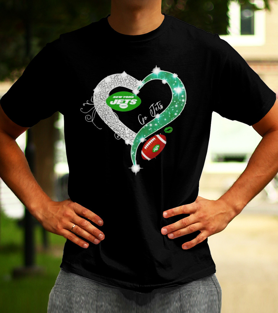 New York Jets Go Jets Diamond Heart Green Football Sparkle T-Shirt