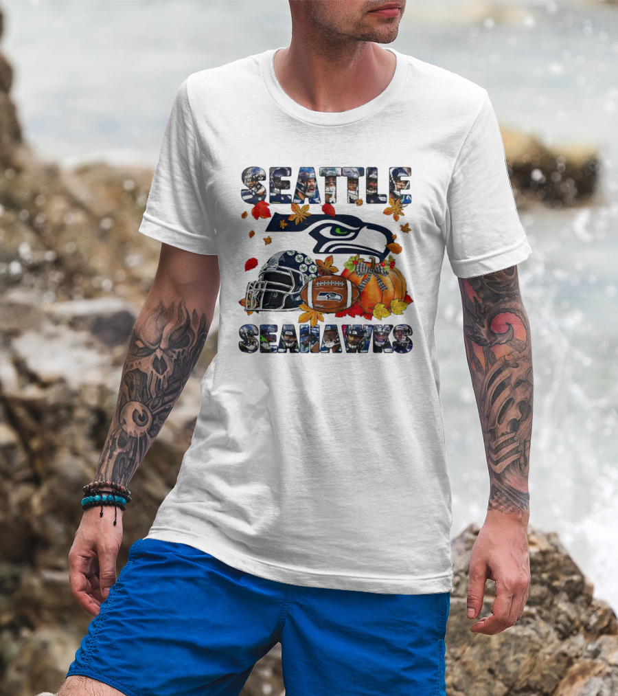 Seattle Seahawks Autumn Leaf Helmet Football Pumpkin T-Shirt