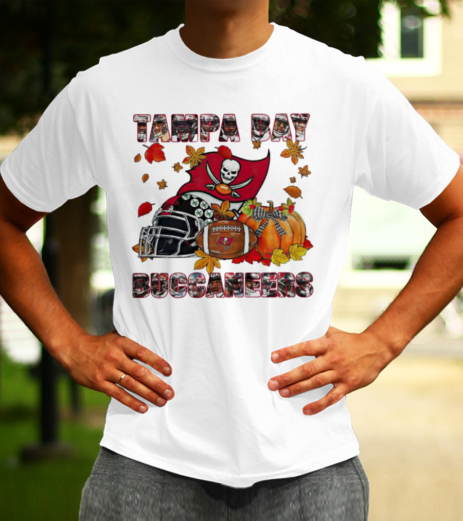 Tampa Bay Buccaneers Helmet Pumpkin Fall Football Leaves T-Shirt