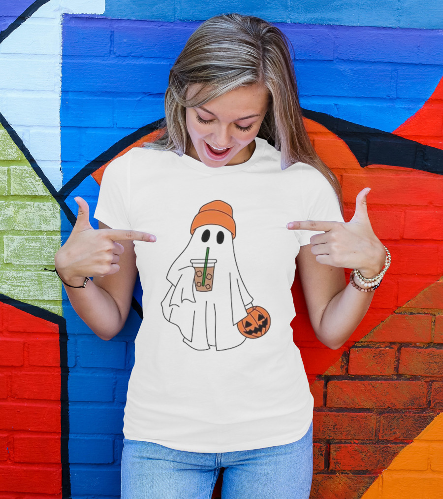 Cute Ghost Drinking Ice Coffee With Pumpkin Hat T-Shirt