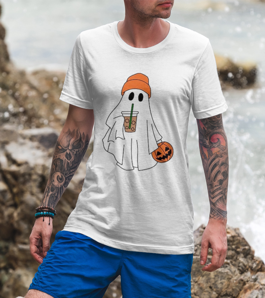 Cute Ghost Drinking Ice Coffee With Pumpkin Hat T-Shirt