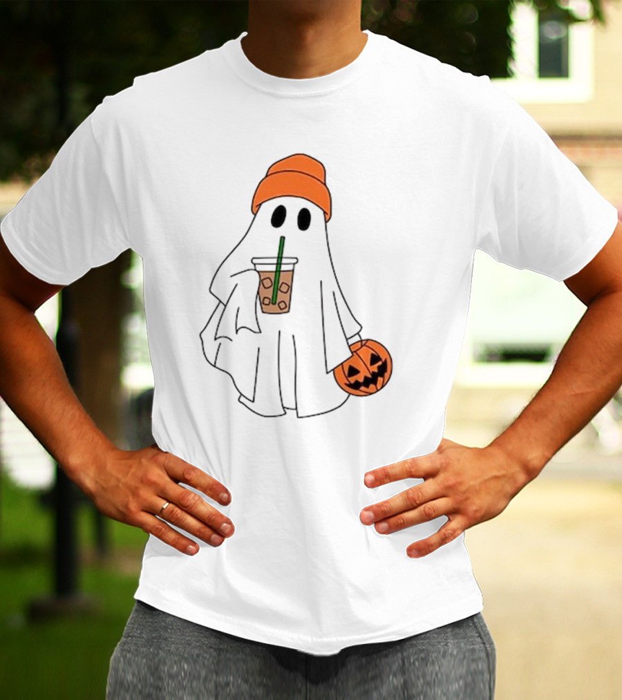 Cute Ghost Drinking Ice Coffee With Pumpkin Hat T-Shirt