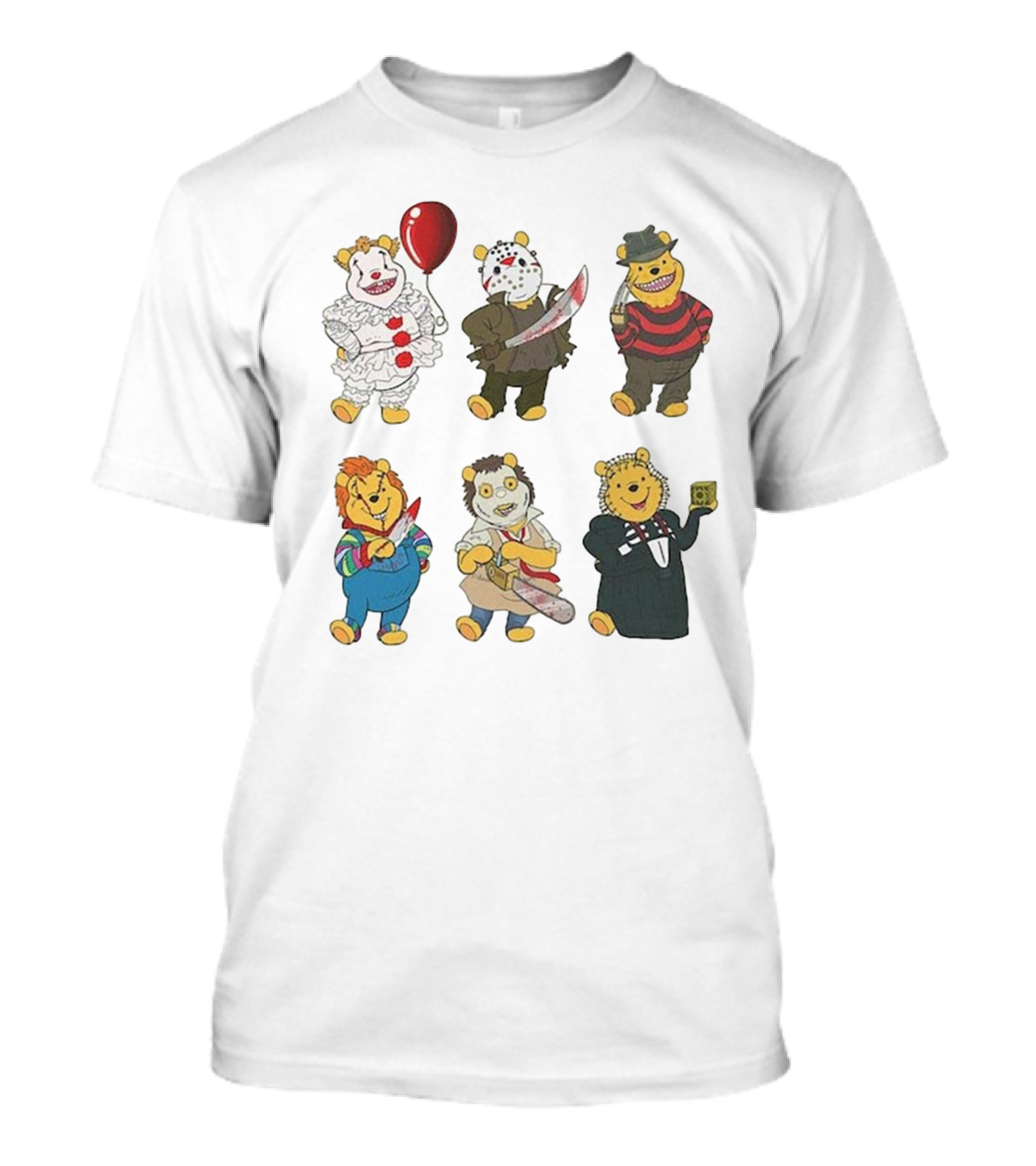 Pooh Bear Halloween Horror Characters Pennywise Jason Freddy Chucky Leatherface Pinhead T-Shirt