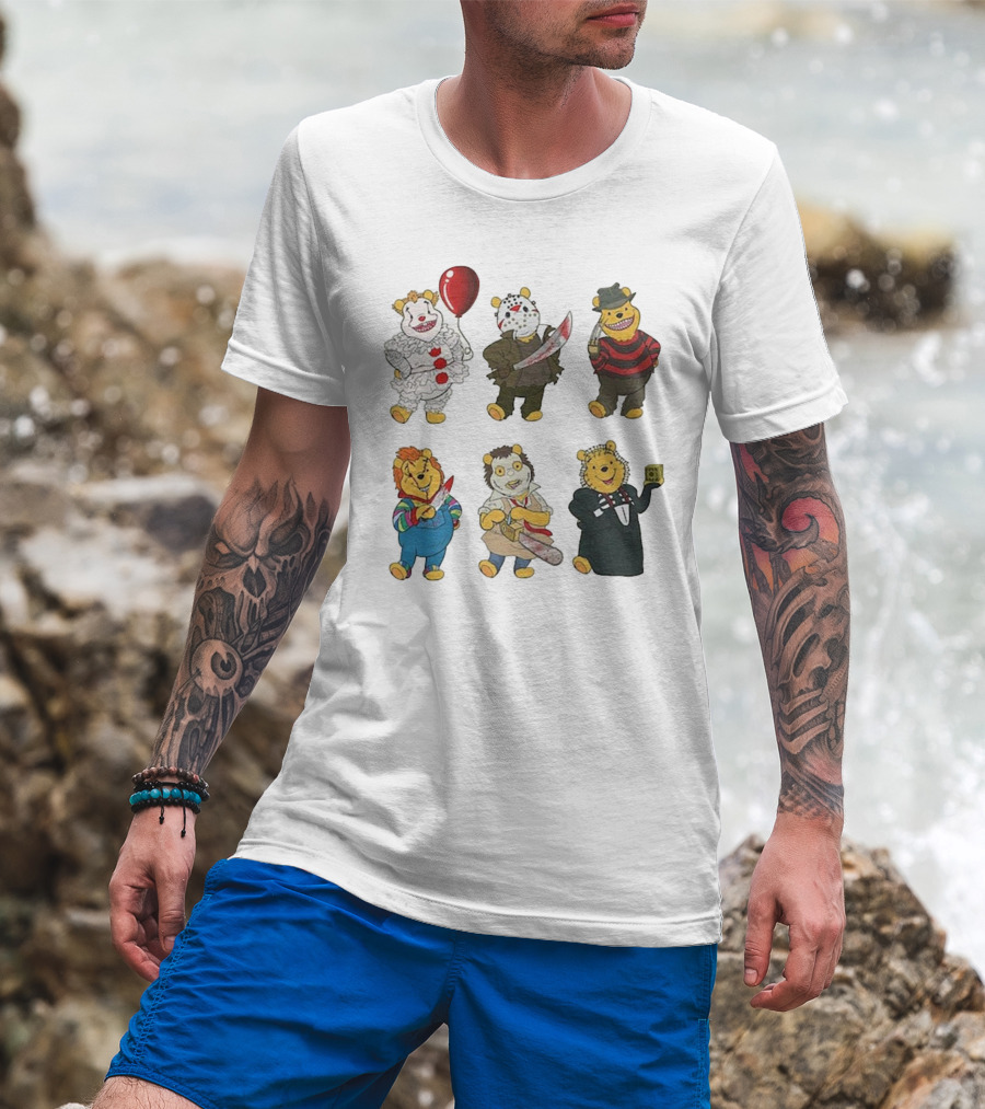 Pooh Bear Halloween Horror Characters Pennywise Jason Freddy Chucky Leatherface Pinhead T-Shirt