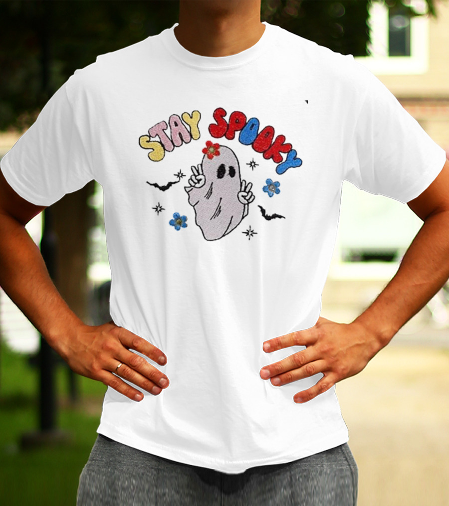 Stay Spooky Ghost With Flowers And Peace Signs T-Shirt