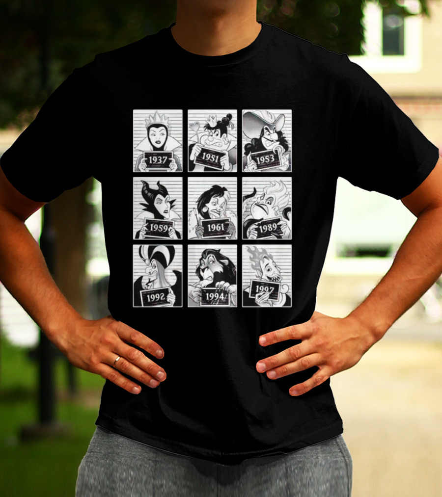 Walt Disney Cartoon Main Antagonists Year Lineup Mugshots 1937 To 1997 T-Shirt