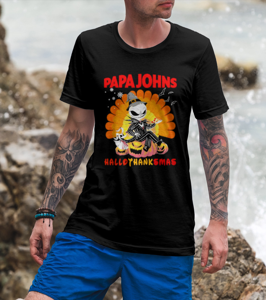 Papa Johns Jack Skellington Halloween HalloThanksMas Turkey Pizza T-Shirt