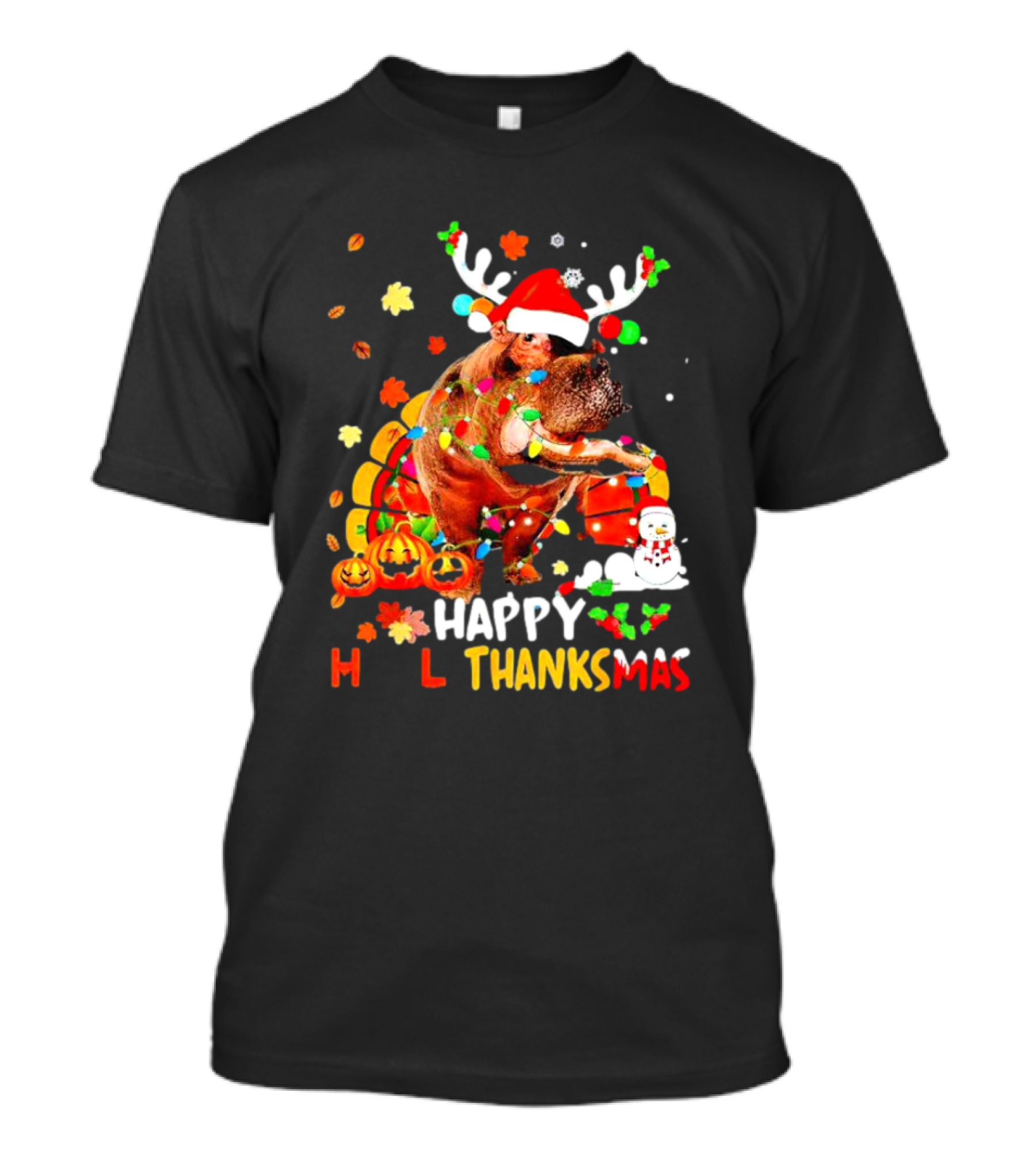 Happy Hallothanksmas Santa Hippopotamus Pumpkin Snowman T-Shirt