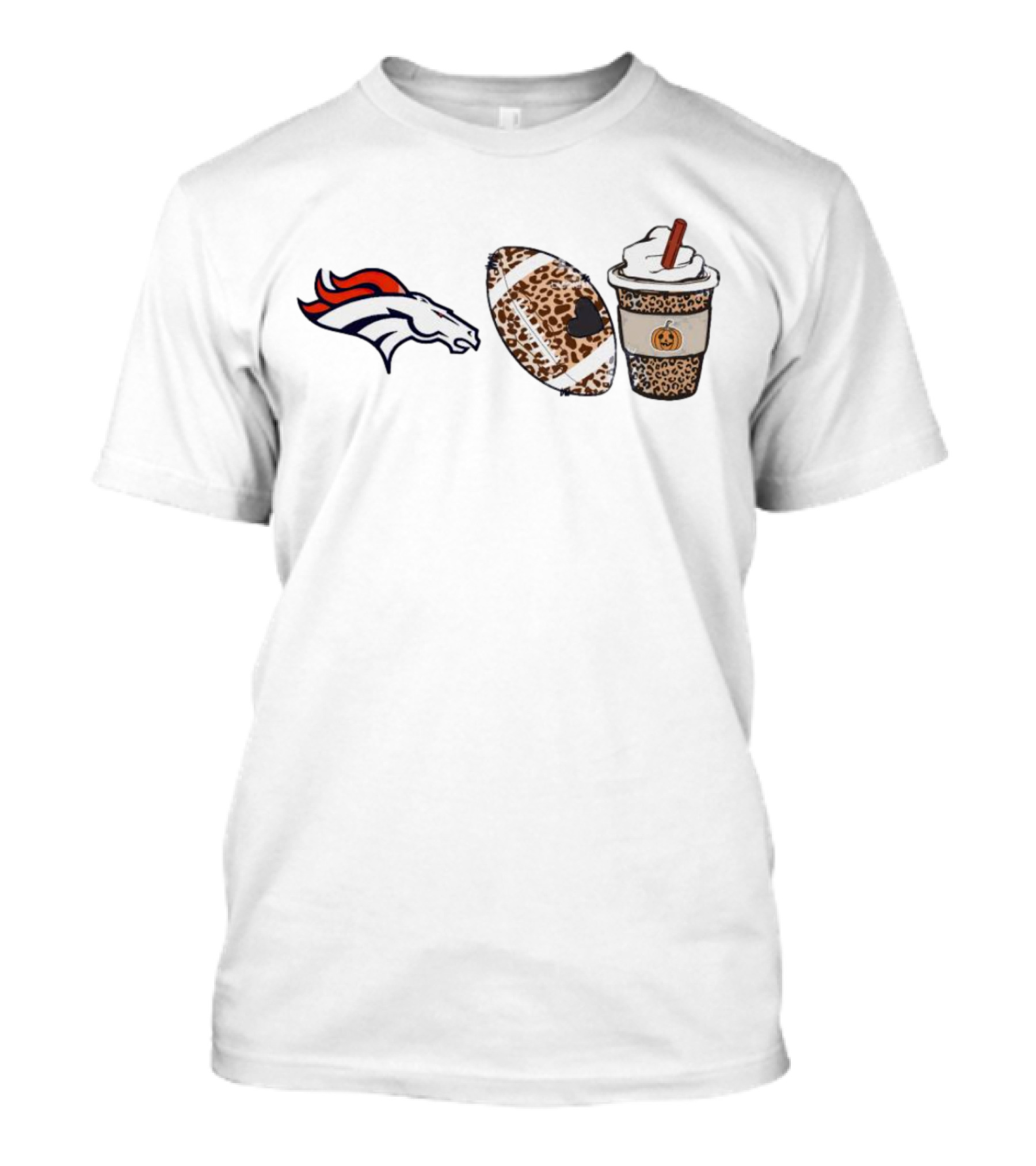 Denver Broncos Fall Season Leopard Theme With Football And Pumpkin Spice Latte T-Shirt