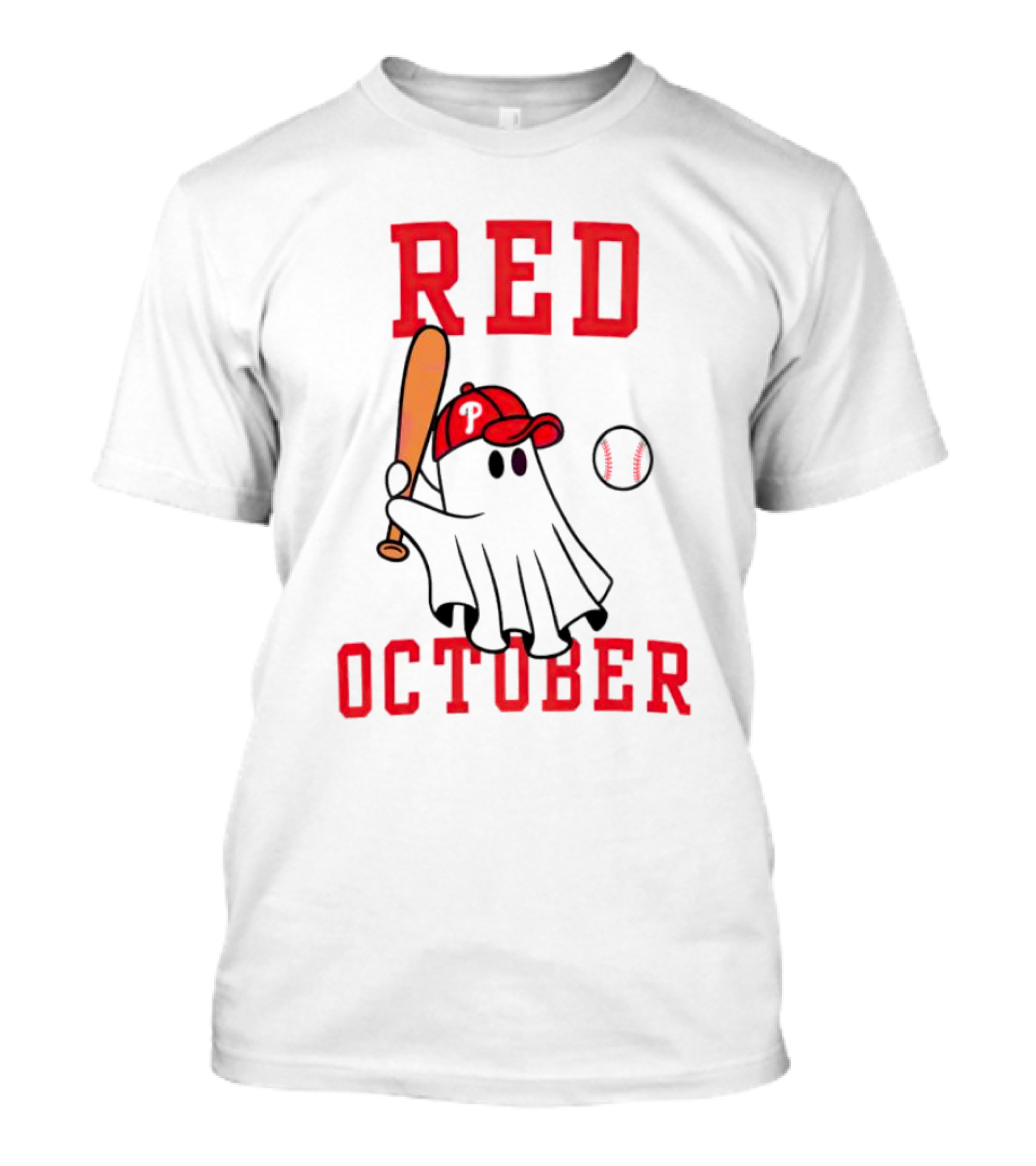 Phillies Red October Ghost Baseball Player In Cap And Bat T-Shirt