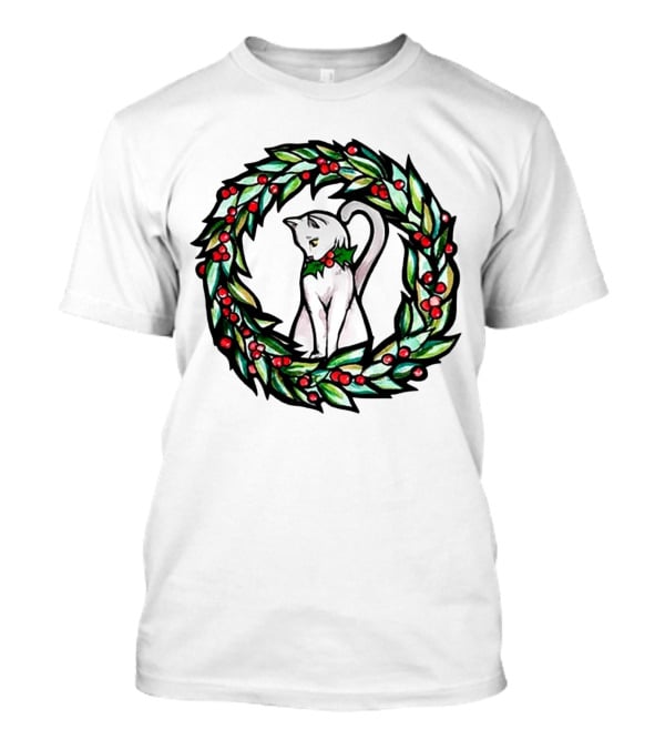 White Cat In Christmas Wreath With Holly And Berries T-Shirt