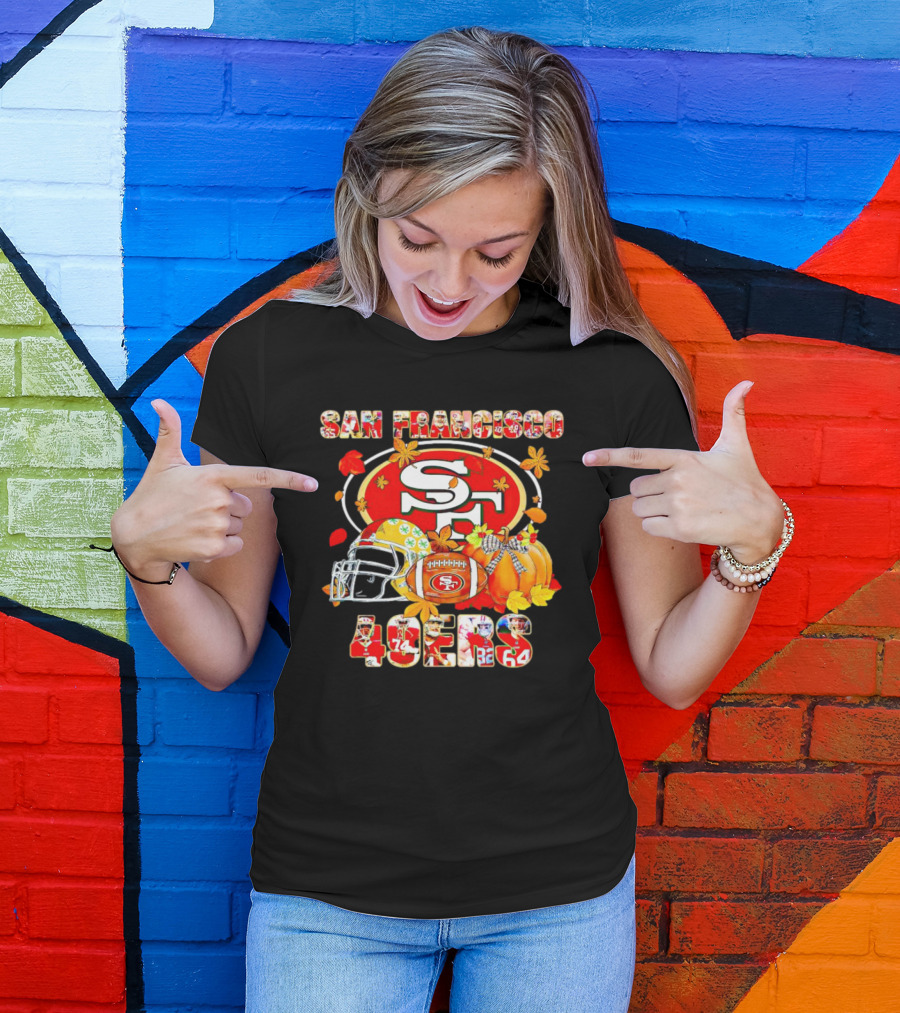 San Francisco 49ers Autumn Football With Helmets And Pumpkins T-Shirt