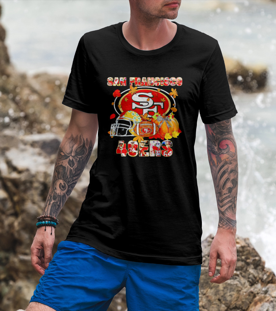 San Francisco 49ers Autumn Football With Helmets And Pumpkins T-Shirt