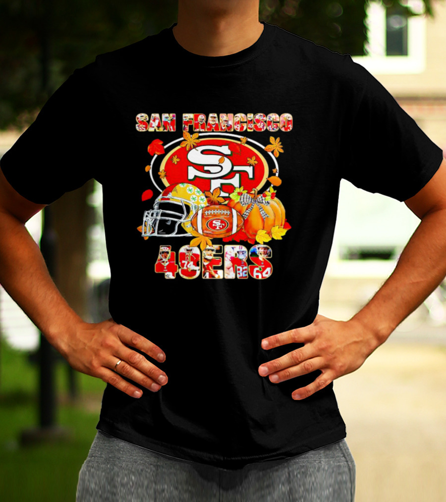San Francisco 49ers Autumn Football With Helmets And Pumpkins T-Shirt