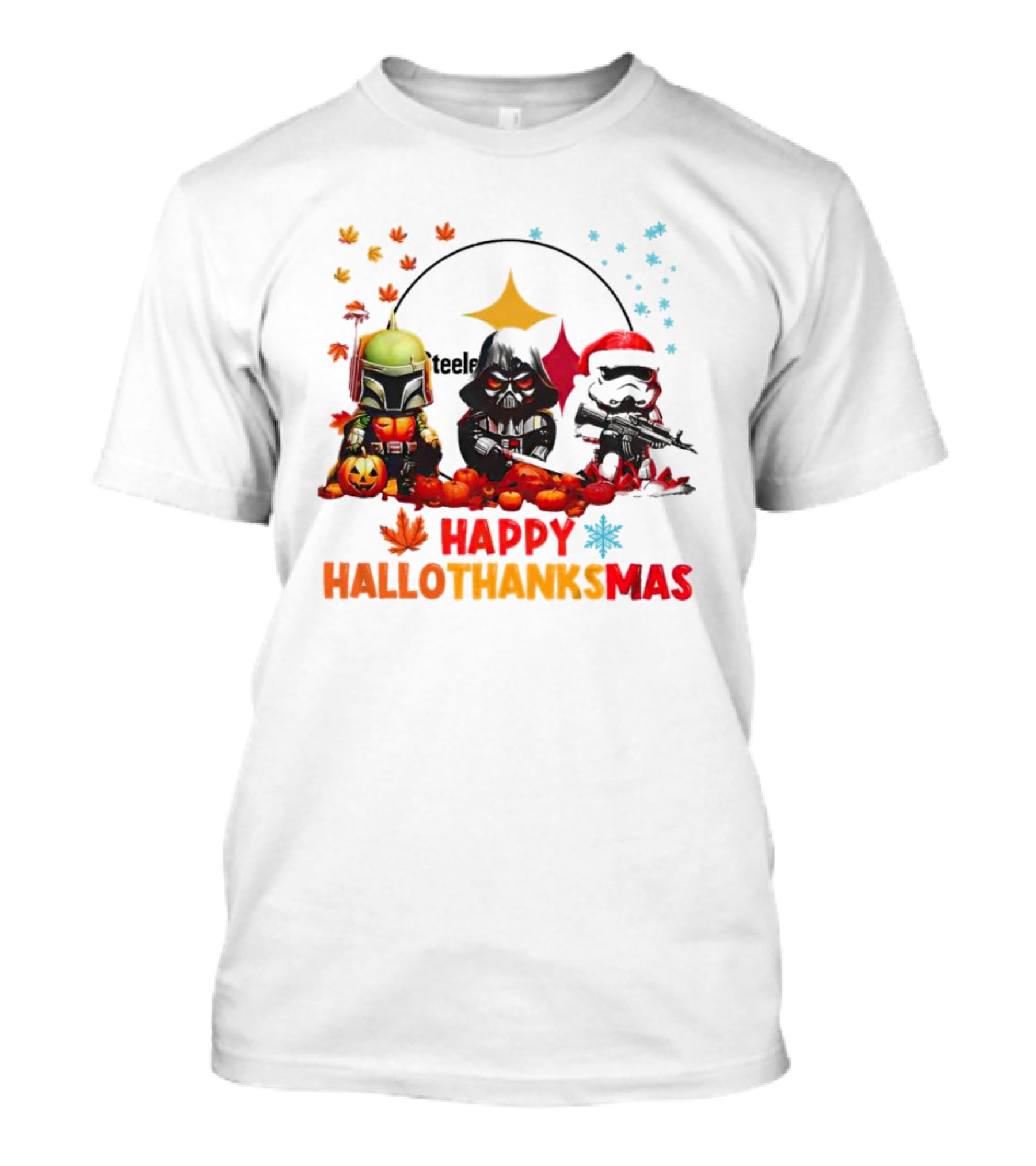 Star Wars Chibi Steelers Happy Hallothanksmas Pumpkins Leaves Snowflakes T-Shirt