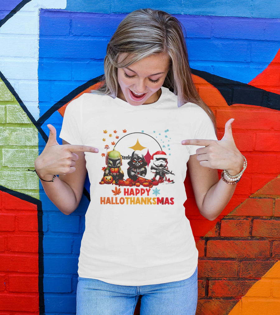 Star Wars Chibi Steelers Happy Hallothanksmas Pumpkins Leaves Snowflakes T-Shirt