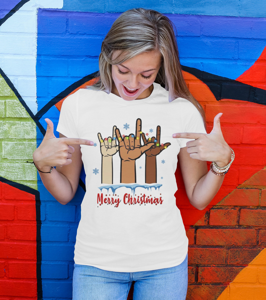 Merry Christmas Deaf Awareness Hand Sign Language With Snowflakes And Festive Lights T-Shirt