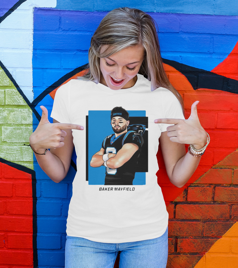 Carolina Panthers Baker Mayfield Artwork With Team Uniform T-Shirt