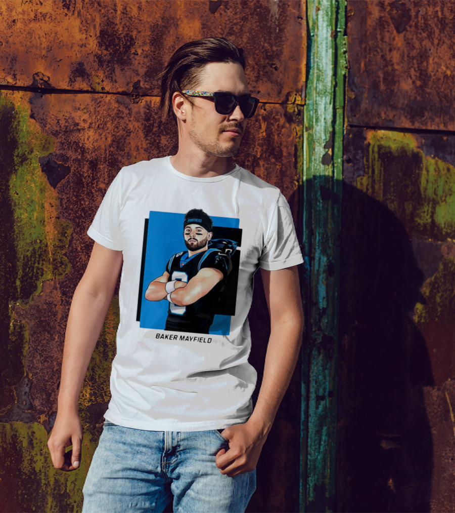 Carolina Panthers Baker Mayfield Artwork With Team Uniform T-Shirt