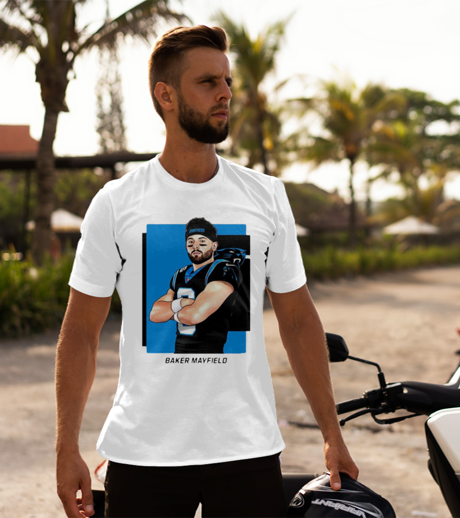 Carolina Panthers Baker Mayfield Artwork With Team Uniform T-Shirt