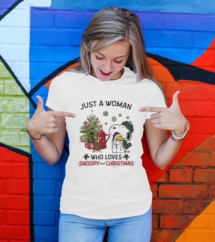Just A Woman Who Loves Snoopy Hug Woodstock And Christmas T-Shirt