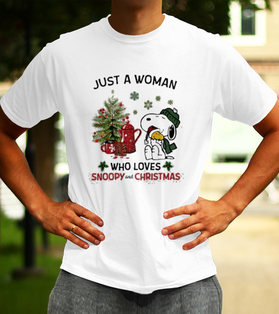 Just A Woman Who Loves Snoopy Hug Woodstock And Christmas T-Shirt
