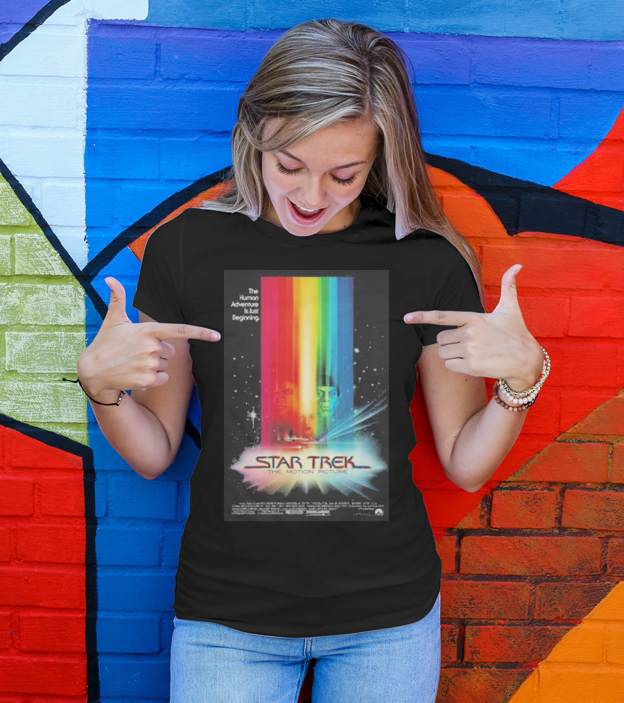 Star Trek The Motion Picture The Human Adventure Is Just Beginning Colorful Light Beams And Starry Background T-Shirt