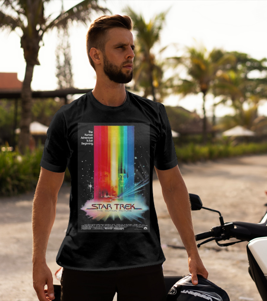Star Trek The Motion Picture The Human Adventure Is Just Beginning Colorful Light Beams And Starry Background T-Shirt