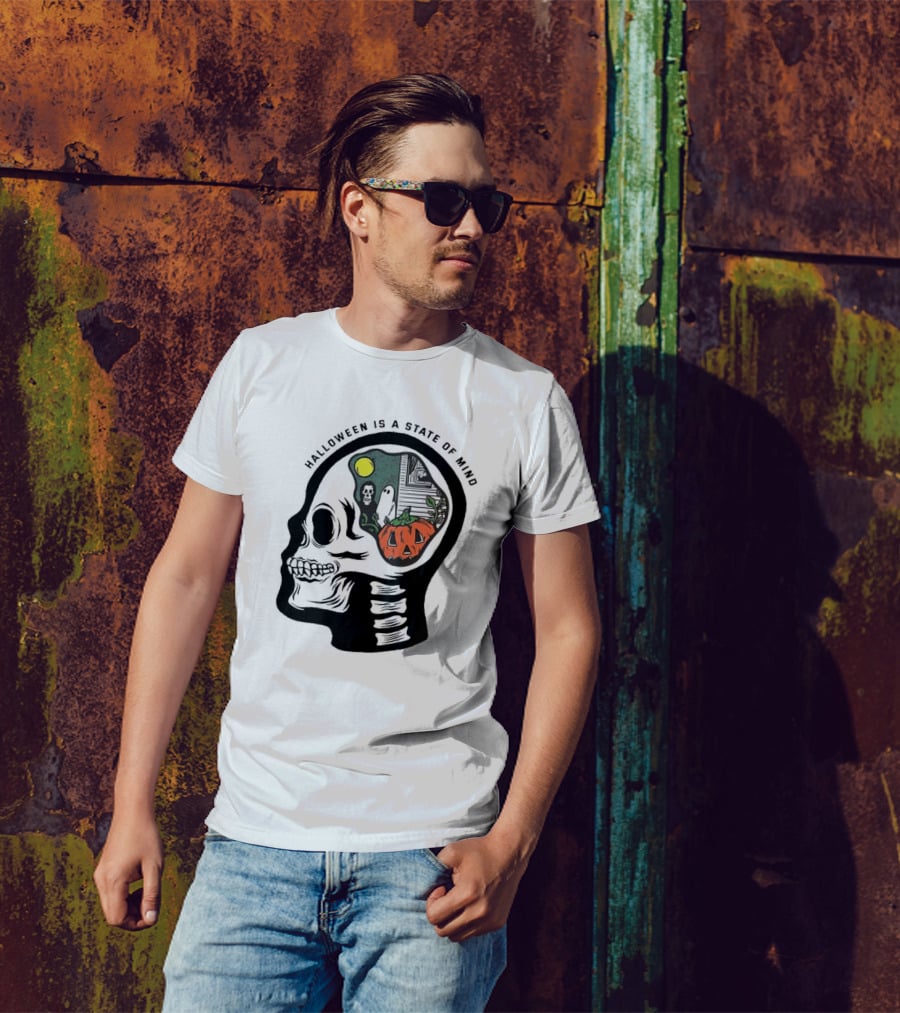 Halloween Is A State Of Mind Skull With Pumpkin And Ghosts T-Shirt