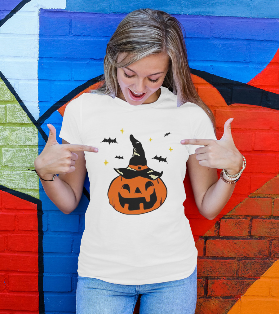 Jack-o’-lantern Witch Hat Bats Stars Halloween T-Shirt