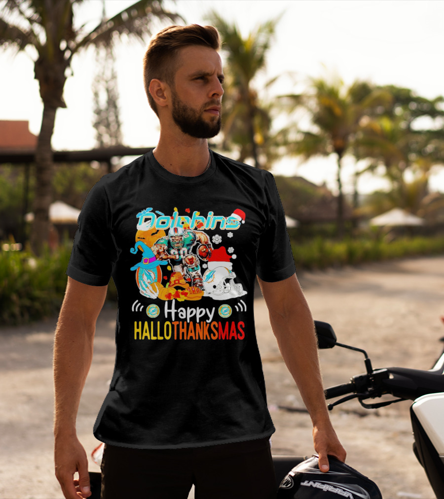 Miami Dolphins Mascot Happy Hallothanksmas Football Festive T-Shirt