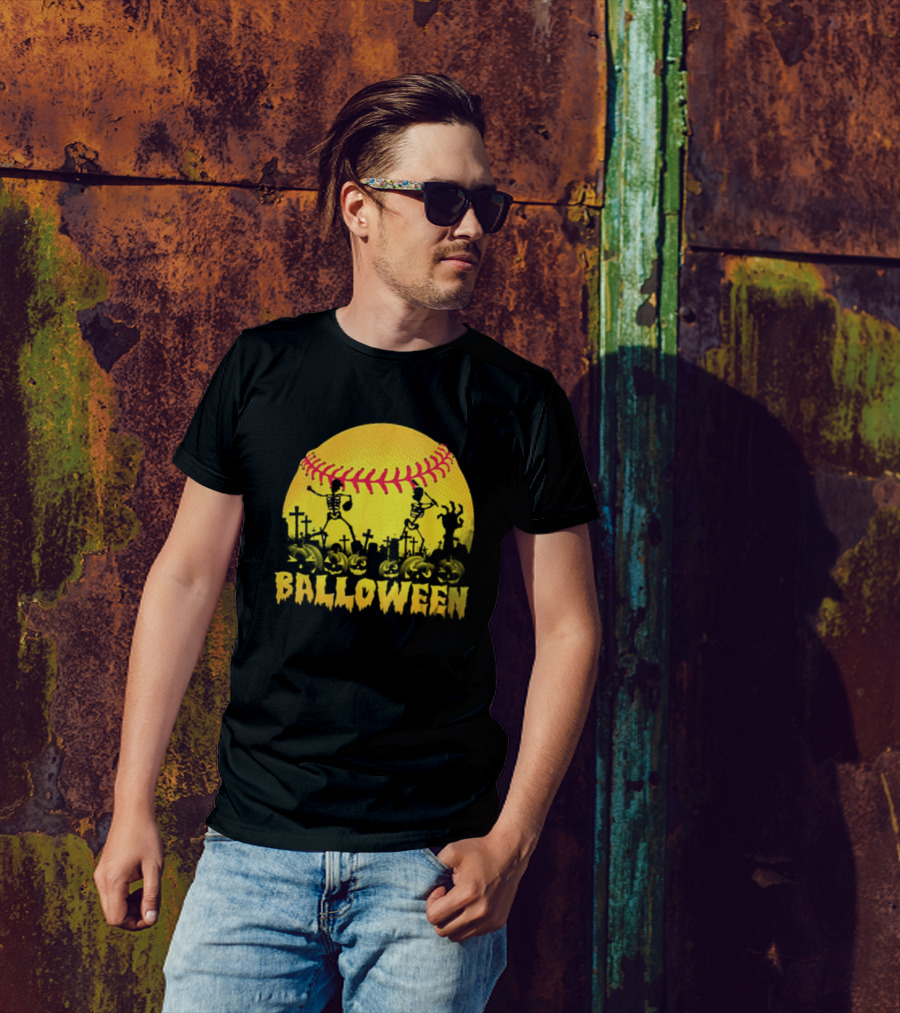 Balloween Softball Halloween Pumpkin Skeletons Graveyard T-Shirt