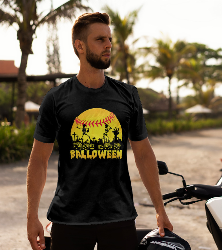 Balloween Softball Halloween Pumpkin Skeletons Graveyard T-Shirt