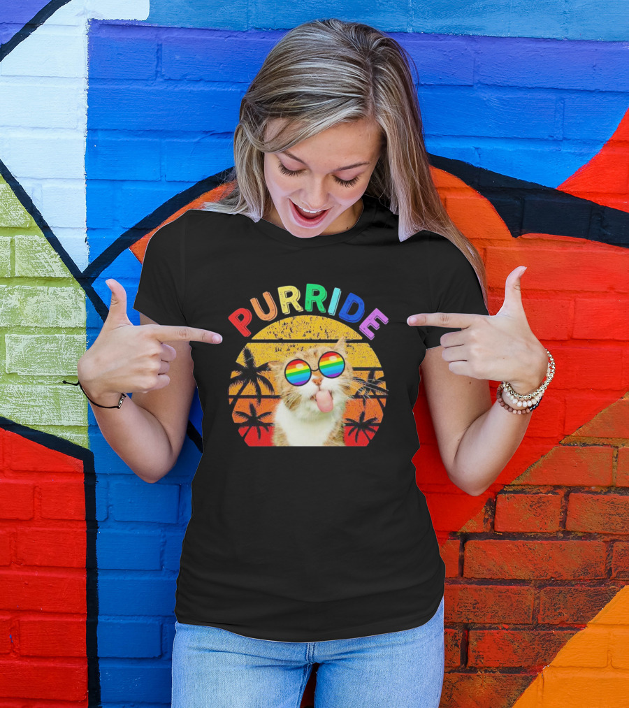 Purride Cat Tongue Out Rainbow Sunglasses Palm Trees Vintage Sunset T-Shirt