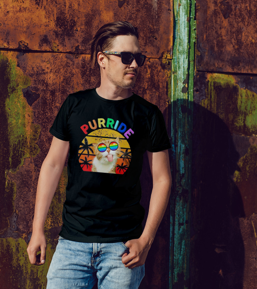 Purride Cat Tongue Out Rainbow Sunglasses Palm Trees Vintage Sunset T-Shirt
