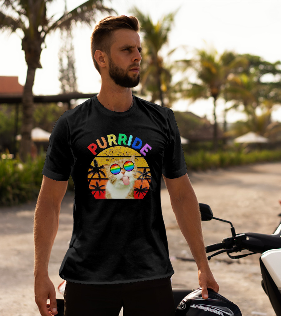 Purride Cat Tongue Out Rainbow Sunglasses Palm Trees Vintage Sunset T-Shirt