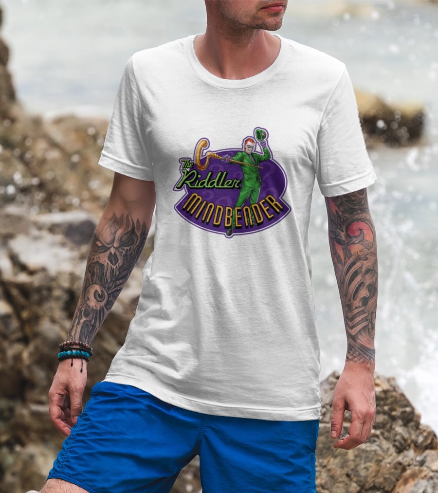 The Riddler Mindbender Green Suit Cane Iconic Purple Backdrop T-Shirt